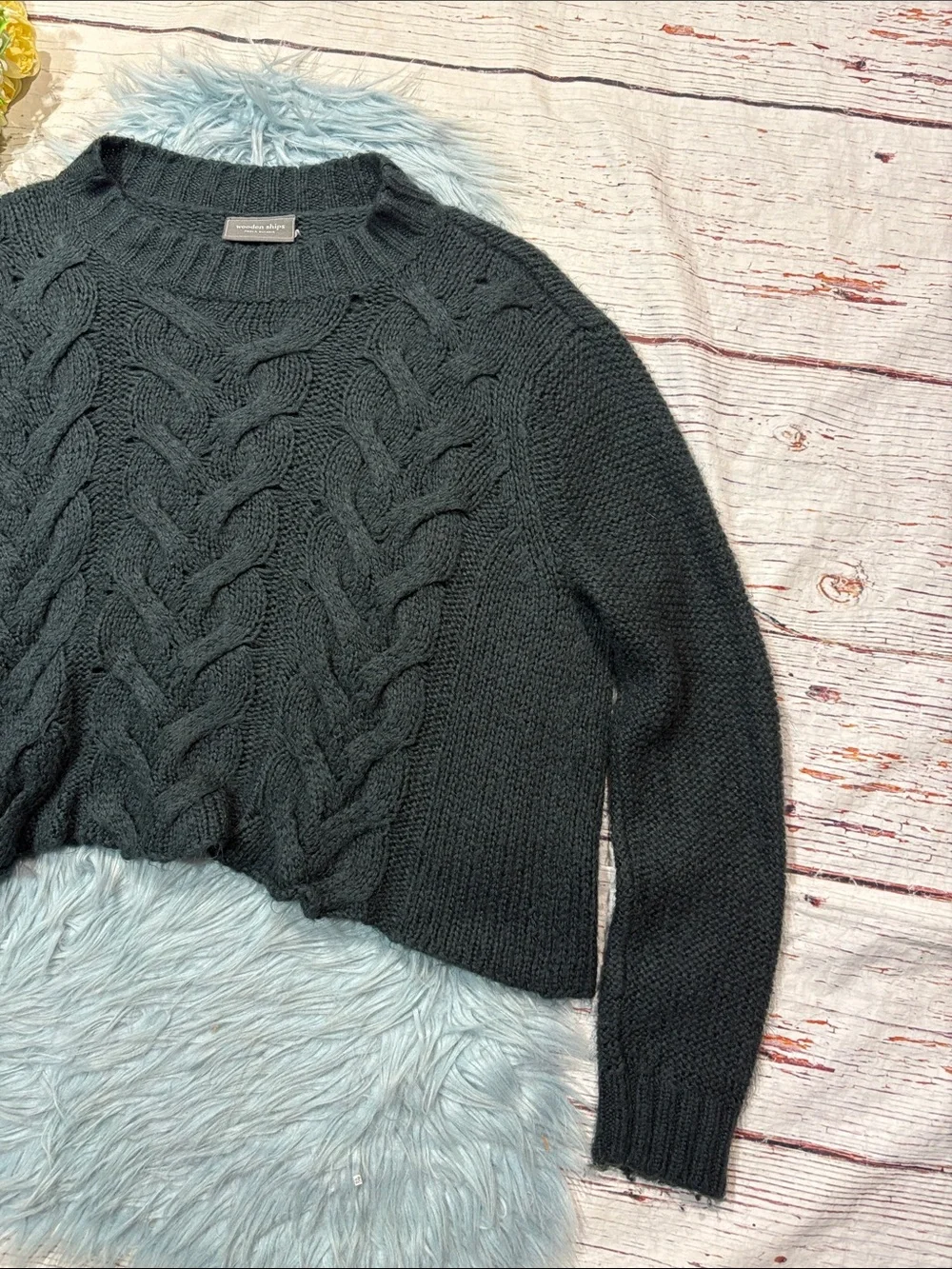 Wooden Ships Black Cropped Wide Cable Knit Mohair Wool Blend Sweater